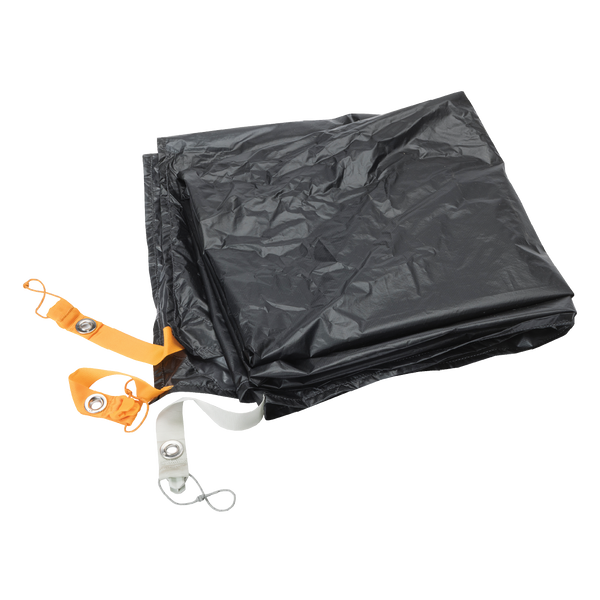 Black tarp with orange straps on a white background