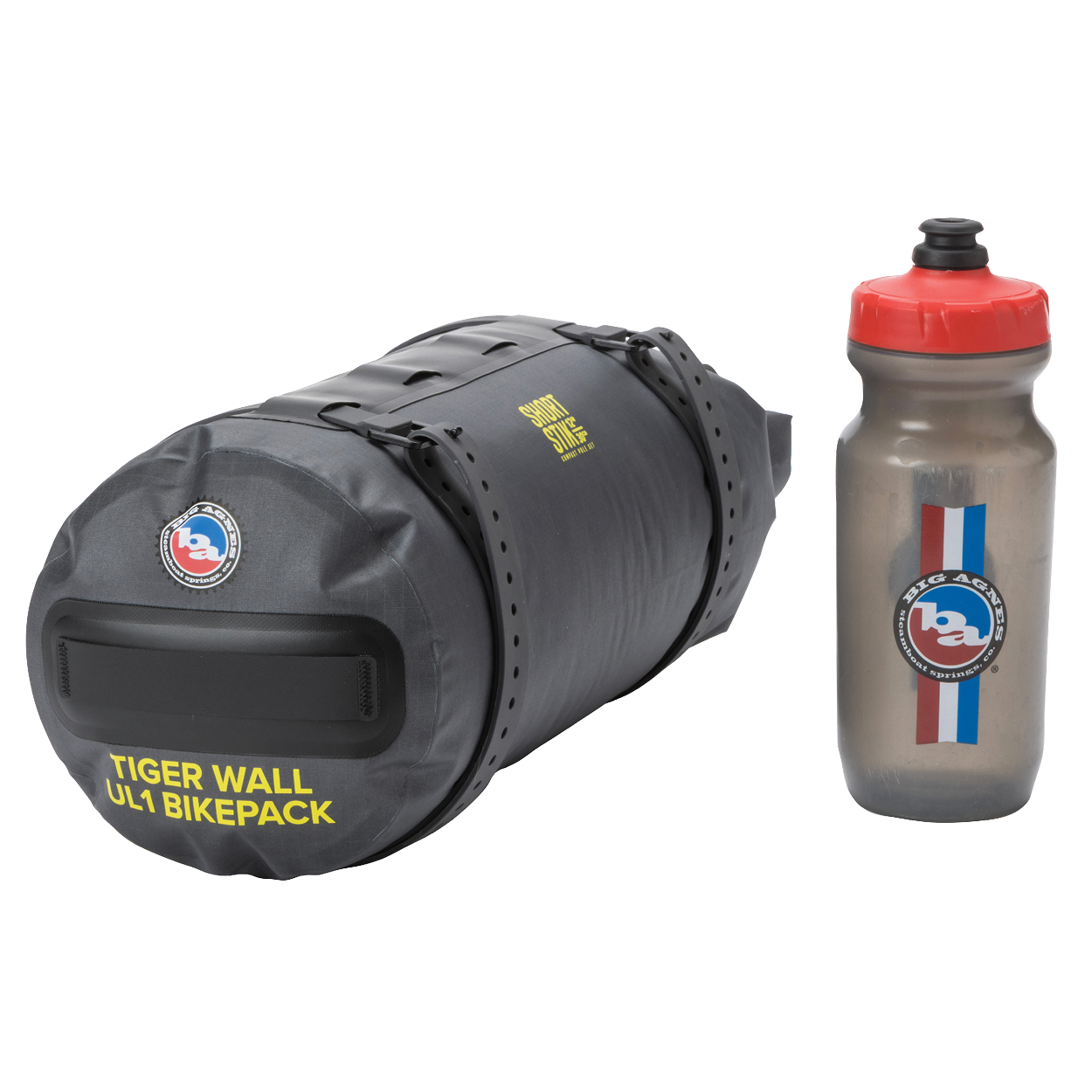 Gray Tiger Wall UL1 Bikepack and water bottle with branding on a white background
