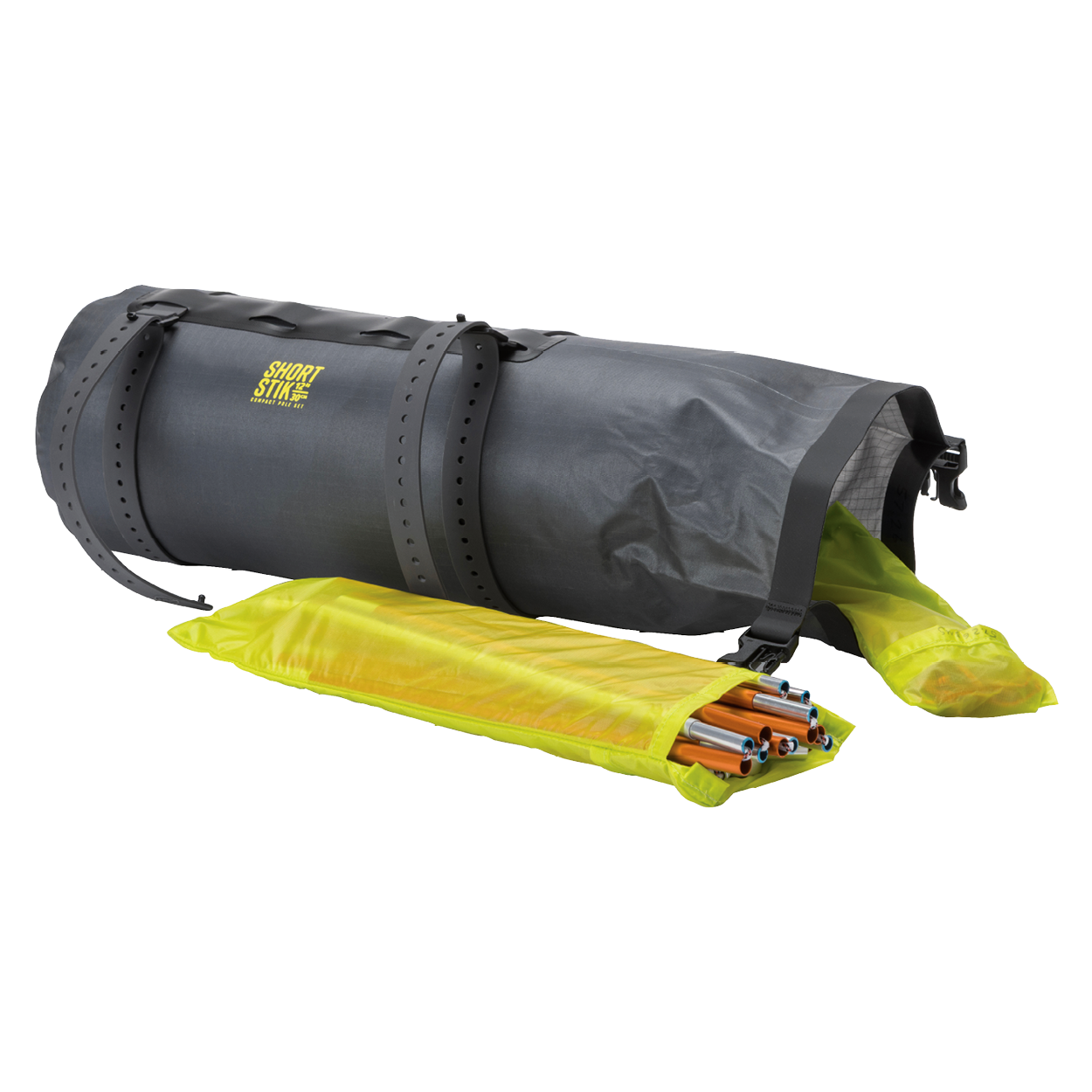 Gray roll-up Tiger Wall UL2 Bikepack dry bag stuff sack with a yellow drawstring bag containing items on a white background