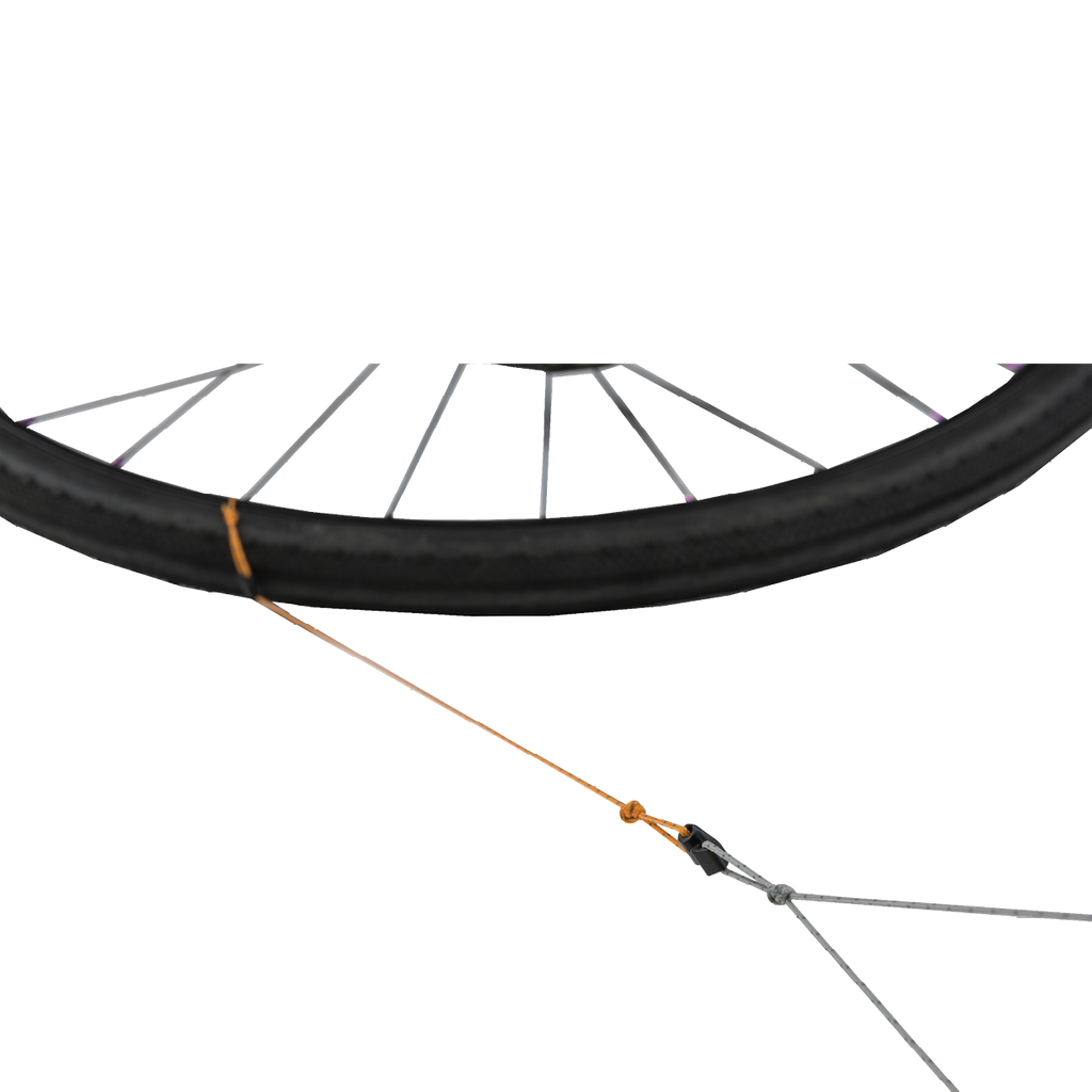 Bicycle wheel with a cable and housing on a white background