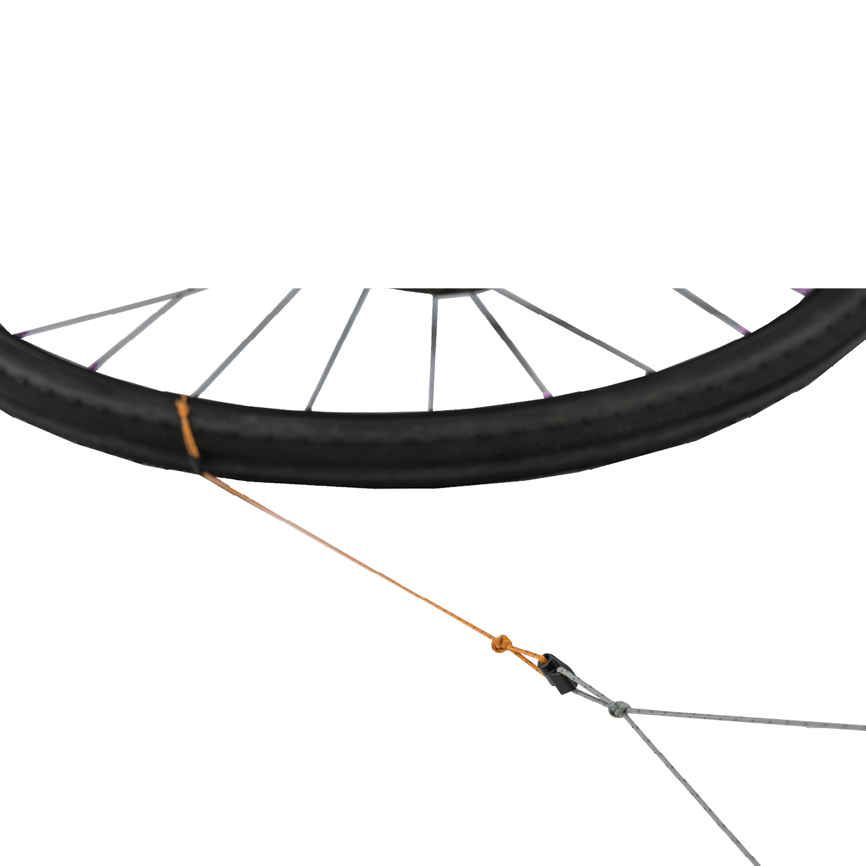 Bicycle wheel with a cable and housing on a white background