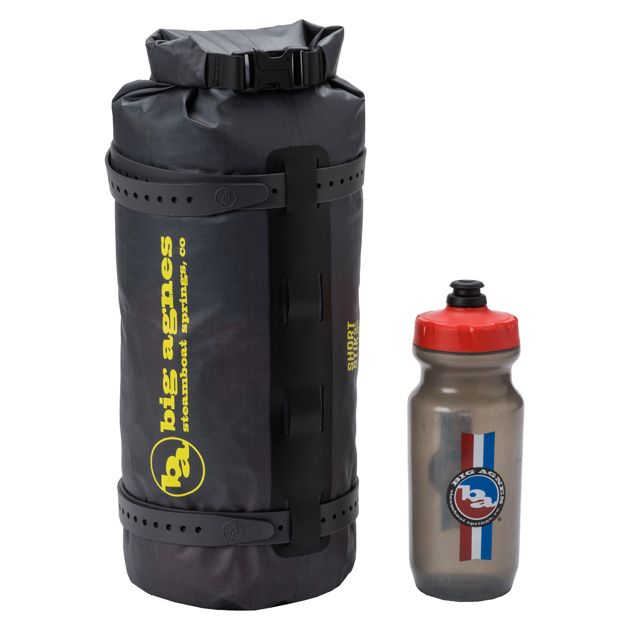 Black Tiger Wall UL2 Bikepack dry bag with yellow branding and a gray water bottle with red cap on a white background