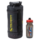 Black Tiger Wall UL2 Bikepack dry bag with yellow branding and a gray water bottle with red cap on a white background