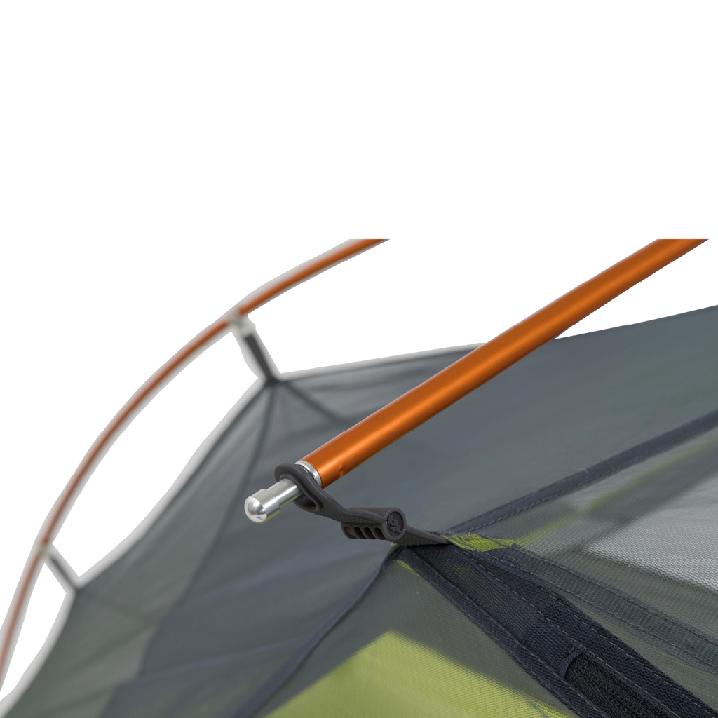 Close-up of a Tiger Wall UL2 Bikepack tent with an orange pole and gray fabric on a white background