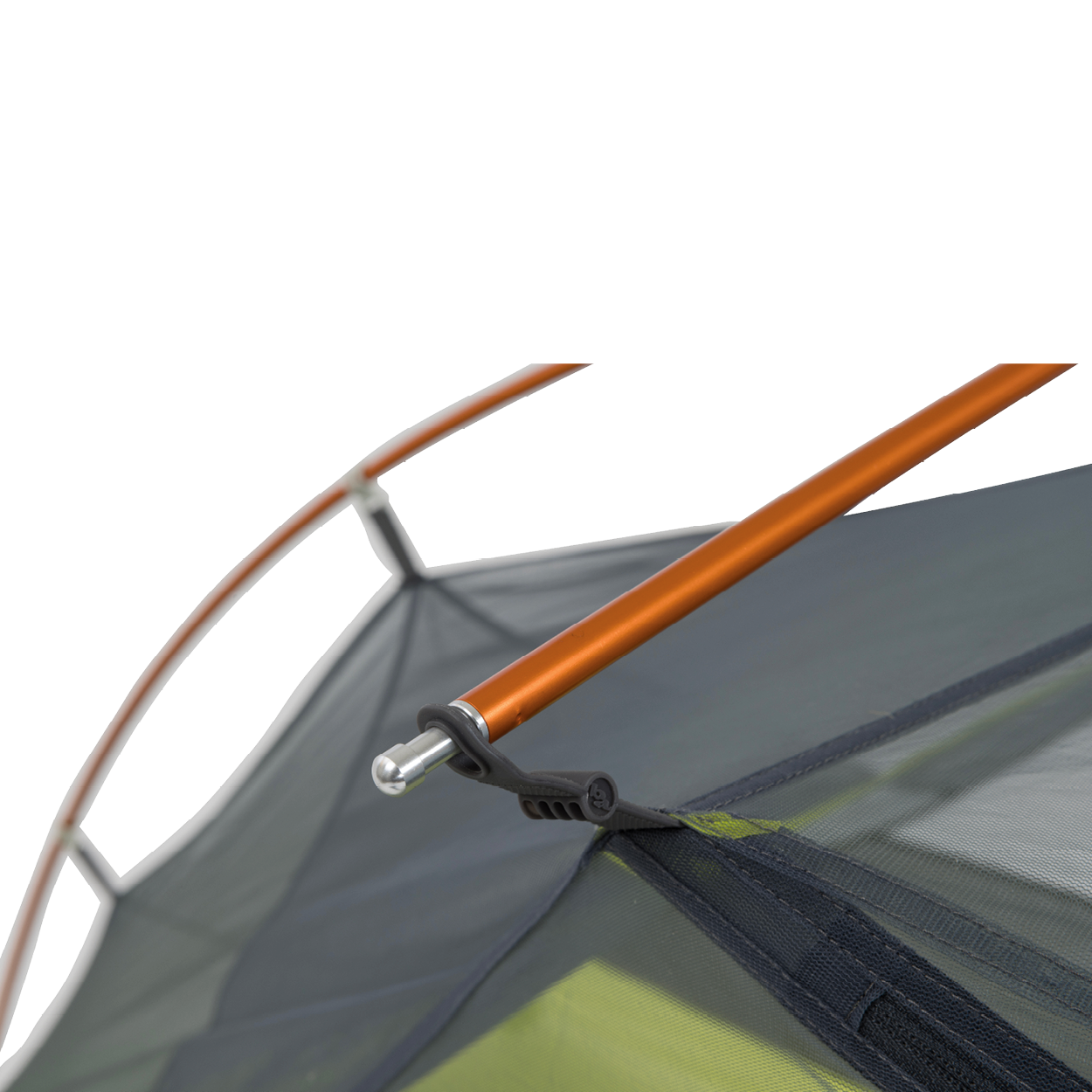 Close-up of a Tiger Wall UL2 Bikepack tent with an orange pole and gray fabric on a white background