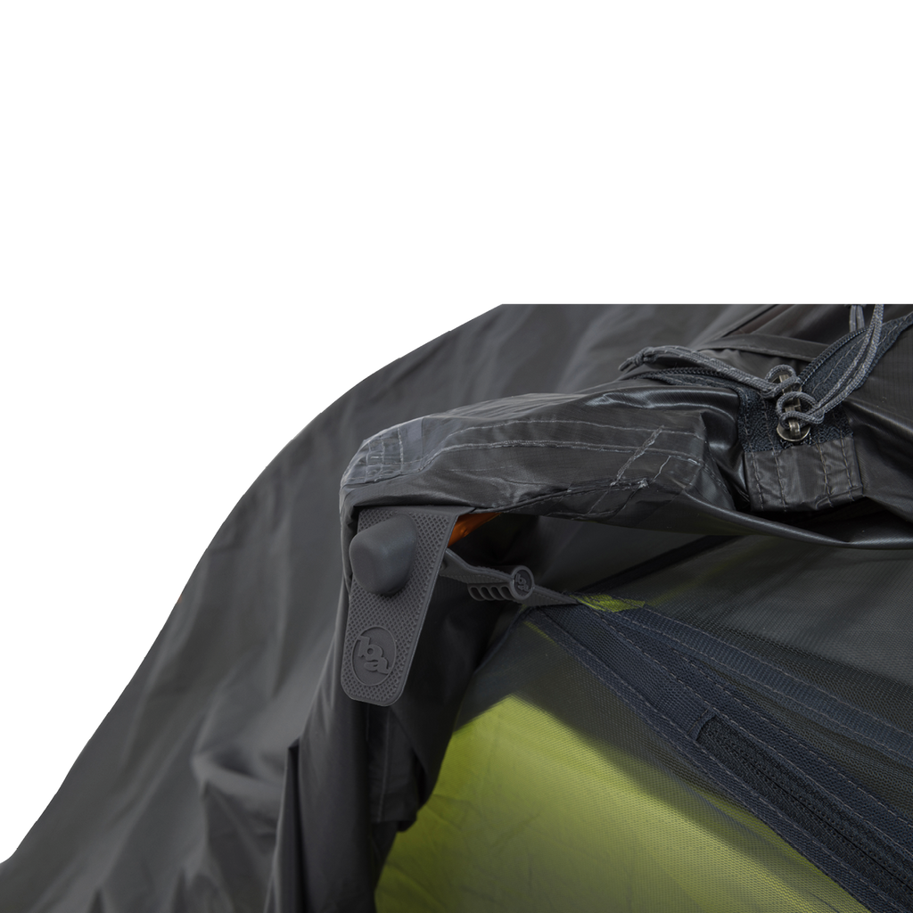 Close-up of a gray Tiger Wall UL2 Bikepack with a drawstring on a white background