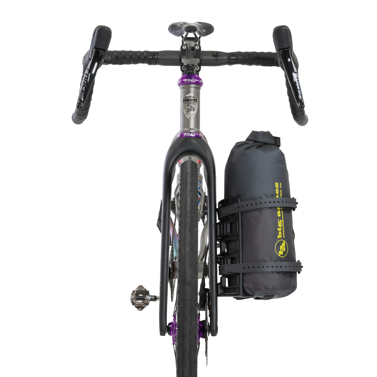 Bicycle with a black Tiger Wall UL Bikepack attached to the back on a white background