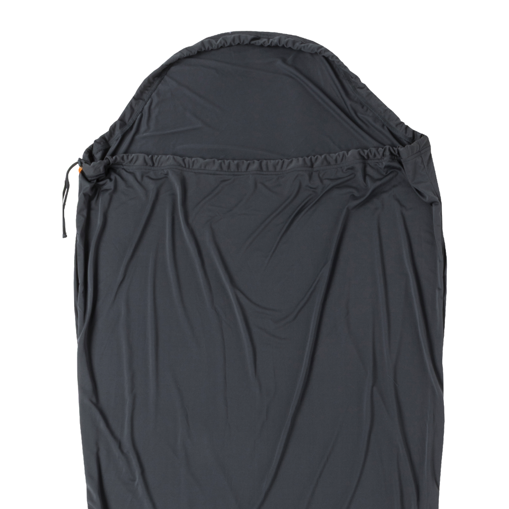 The Big Agnes Returns UL Recovery Sleeping Bag Liner is an ultralight, dark gray liner with a hood, drawstring, and smooth fabric, designed for recovery and shown flat on a white background.