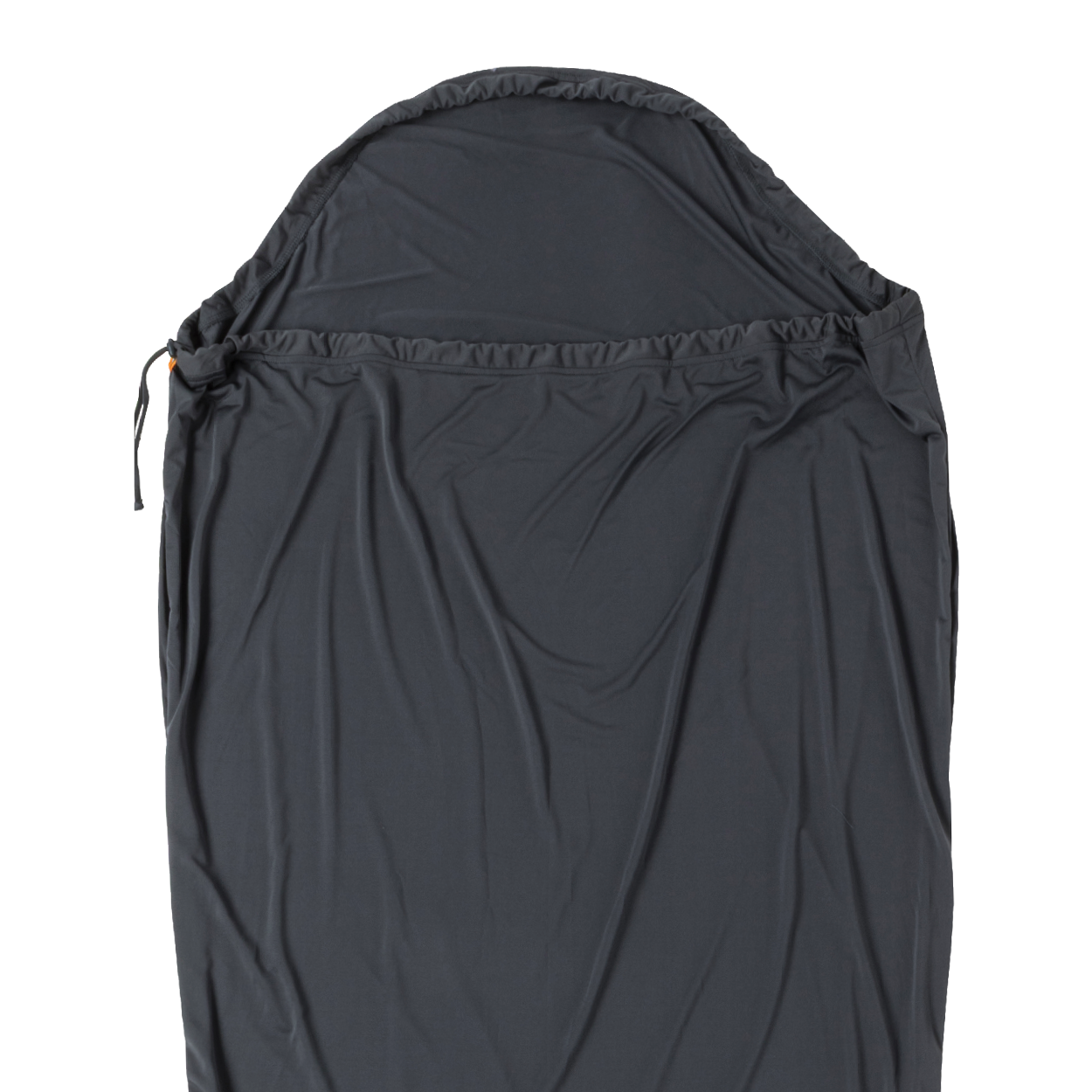 The Big Agnes Returns UL Recovery Sleeping Bag Liner is an ultralight, dark gray liner with a hood, drawstring, and smooth fabric, designed for recovery and shown flat on a white background.