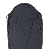 The Big Agnes UL Recovery Sleeping Bag Liner is an ultralight, dark gray liner with a hood, drawstring, and smooth fabric, designed for recovery and shown flat on a white background.