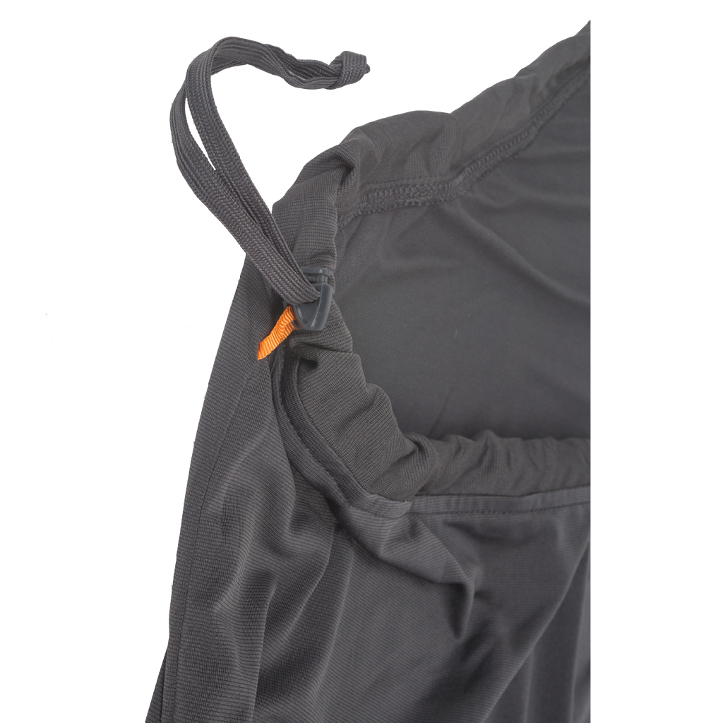 Close-up of the UL Recovery Sleeping Bag Liner by Big Agnes Returns, featuring a dark gray fabric, elastic waistband with adjustable drawstring, small orange tag, and CELLIANT technology for enhanced comfort—ultralight like a liner.