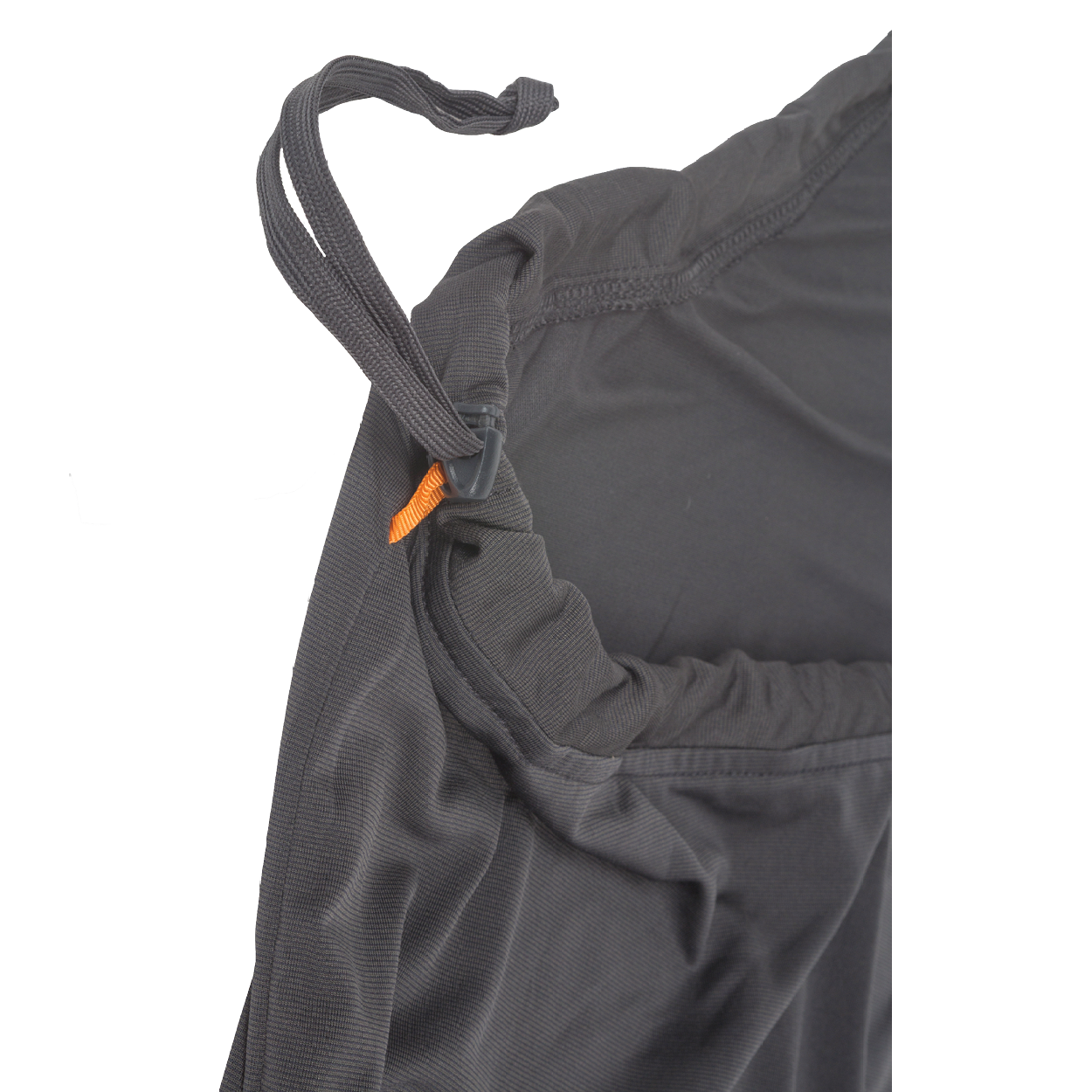 Close-up of the UL Recovery Sleeping Bag Liner by Big Agnes Returns, featuring a dark gray fabric, elastic waistband with adjustable drawstring, small orange tag, and CELLIANT technology for enhanced comfort—ultralight like a liner.