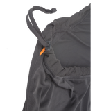 Close-up of the UL Recovery Sleeping Bag Liner by Big Agnes, featuring a dark gray fabric, elastic waistband with adjustable drawstring, small orange tag, and CELLIANT technology for enhanced comfort—ultralight like a liner.
