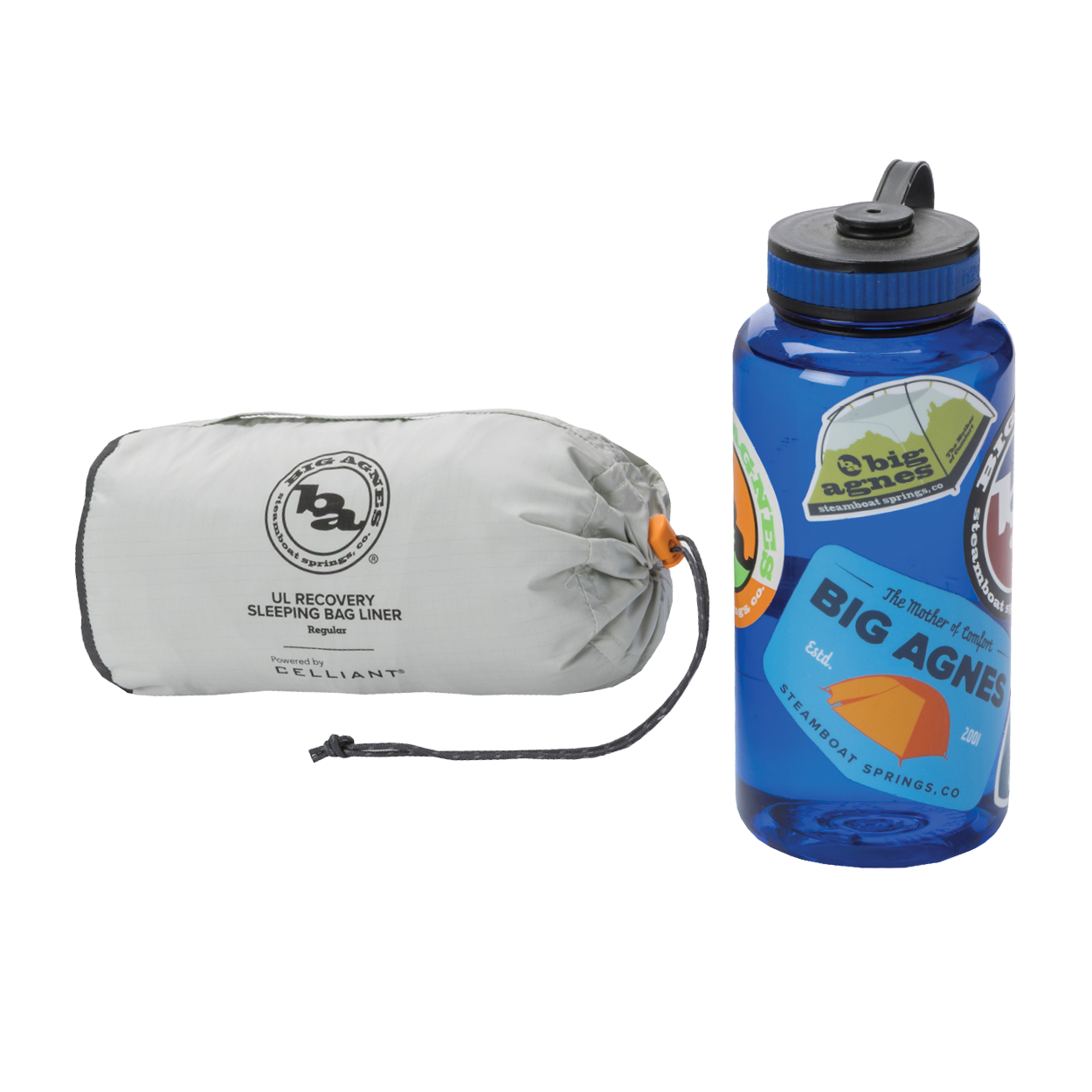 A compact gray Big Agnes Returns UL Recovery Sleeping Bag Liner in a stuff sack sits beside a blue water bottle decorated with colorful stickers.