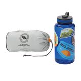 A compact gray Big Agnes UL Recovery Sleeping Bag Liner in a stuff sack sits beside a blue water bottle decorated with colorful stickers.