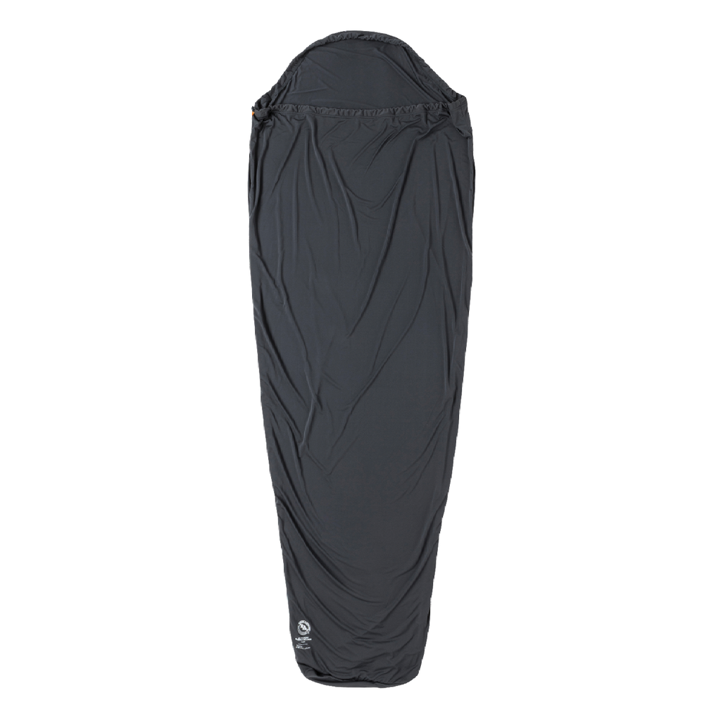 The Big Agnes Returns UL Recovery Sleeping Bag Liner, shown in black against a white background, is ultralight and shaped to fit a mummy sleeping bag with a narrower bottom and hooded top for comfort.
