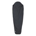 The Big Agnes Returns UL Recovery Sleeping Bag Liner, shown in black against a white background, is ultralight and shaped to fit a mummy sleeping bag with a narrower bottom and hooded top for comfort.