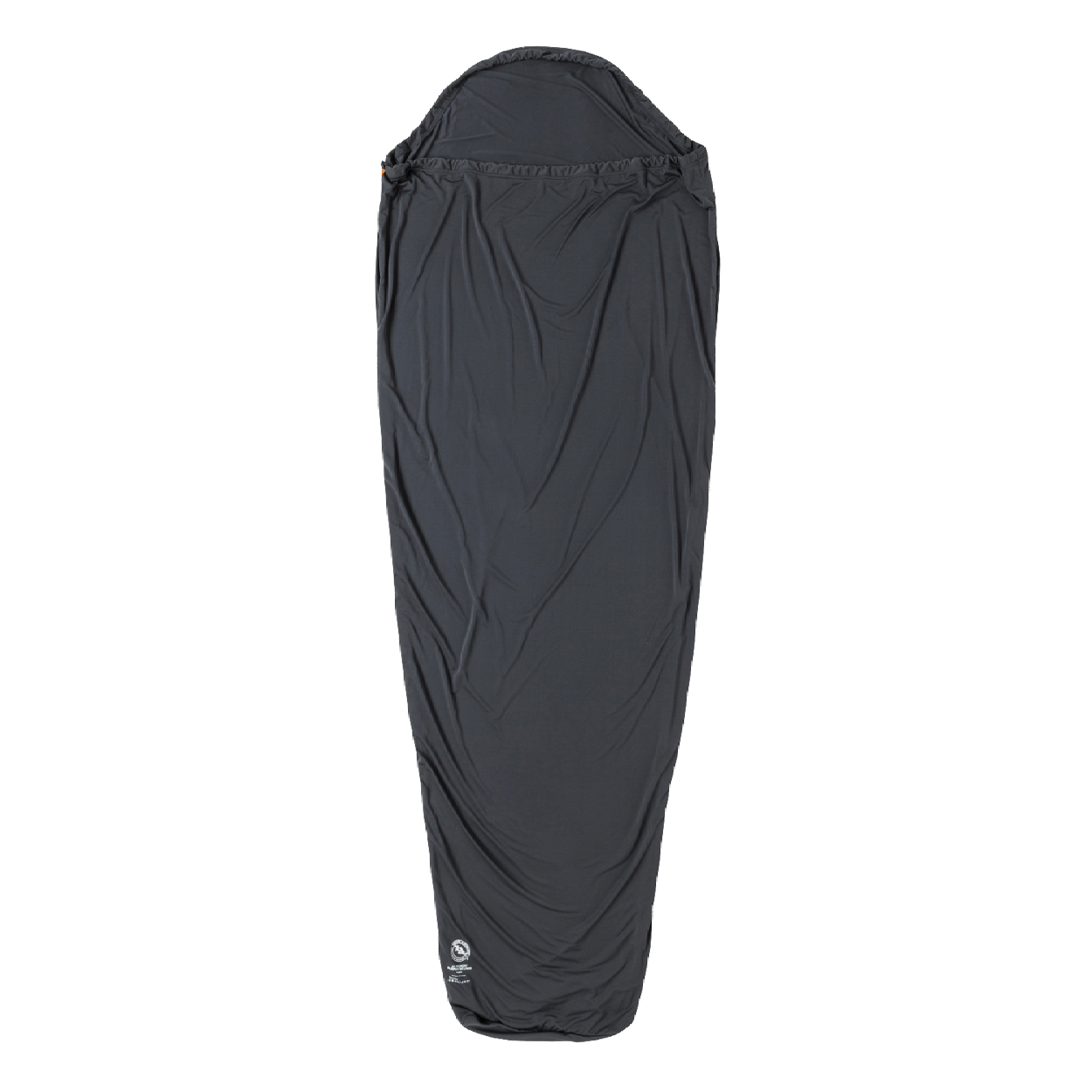The Big Agnes Returns UL Recovery Sleeping Bag Liner, shown in black against a white background, is ultralight and shaped to fit a mummy sleeping bag with a narrower bottom and hooded top for comfort.