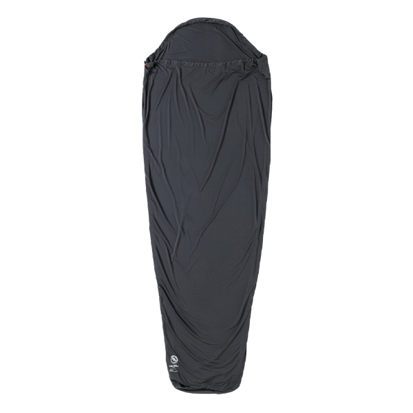 The Big Agnes Returns UL Recovery Sleeping Bag Liner, shown in black against a white background, is ultralight and shaped to fit a mummy sleeping bag with a narrower bottom and hooded top for comfort.