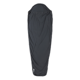 The Big Agnes Returns UL Recovery Sleeping Bag Liner, shown in black against a white background, is ultralight and shaped to fit a mummy sleeping bag with a narrower bottom and hooded top for comfort.