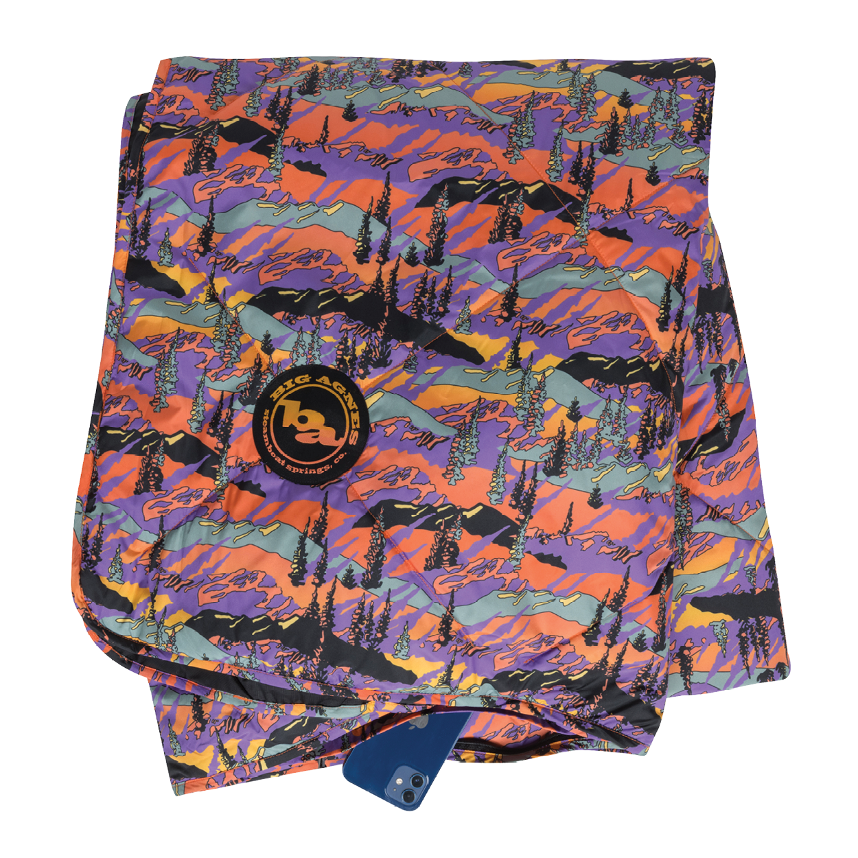 Colorful mountain-patterned towel with a brand logo on a white background