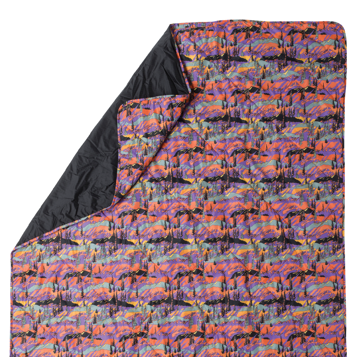 Colorful patterned quilt with black interior on a white background