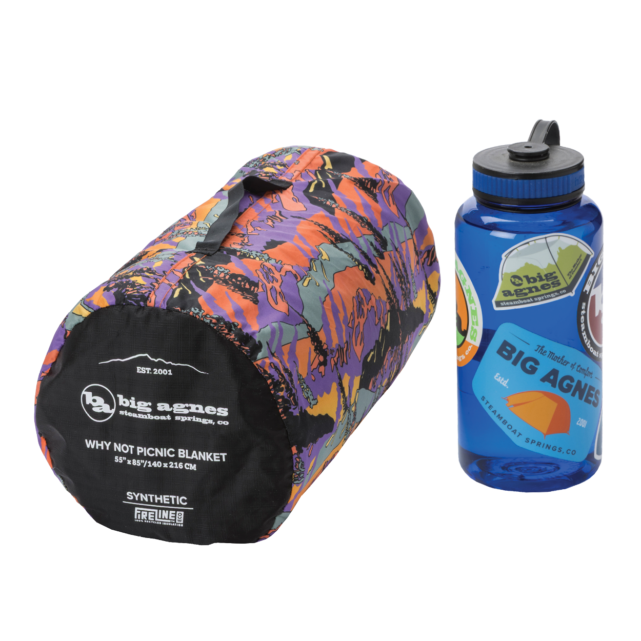 Colorful picnic blanket and blue water bottle with Big Agnes Returns branding on a white background