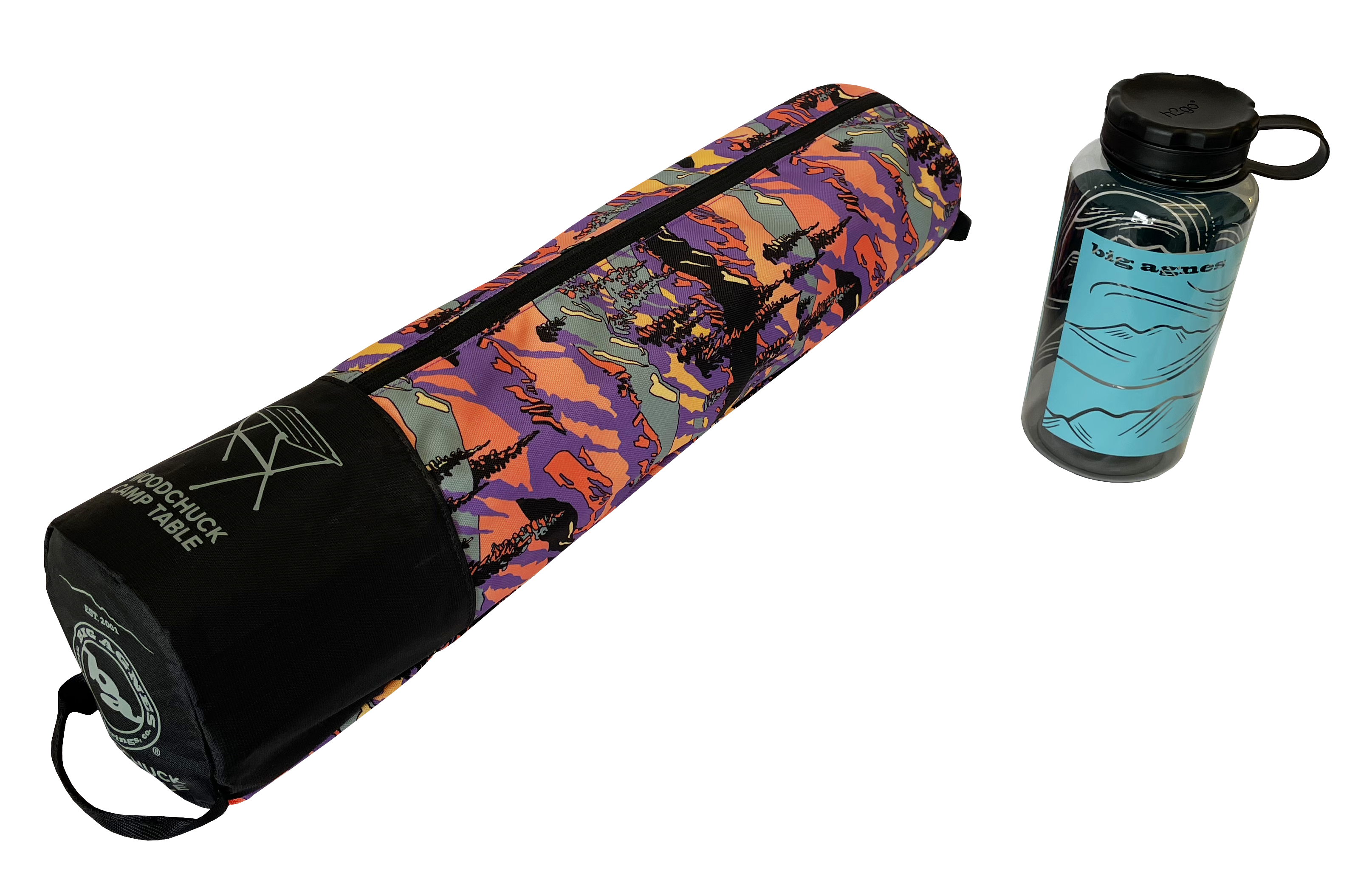 A colorful, patterned carrying case with Big Agnes Returns branding lies next to a clear water bottle with a blue mountain design and black lid—both perfect companions for your Woodchuck Camp Table - Alpenglow adventures.