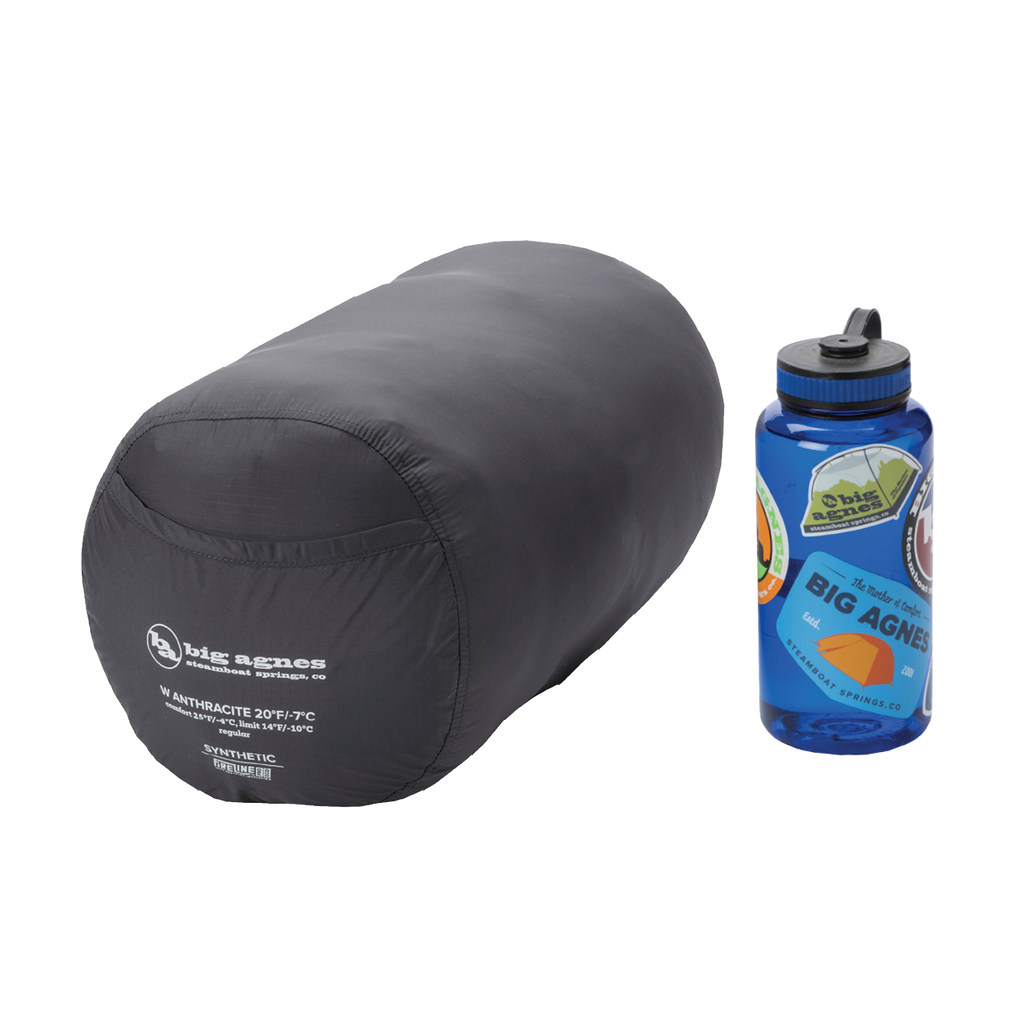 Black sleeping bag and blue water bottle with Big Agnes Returns logo on a white background