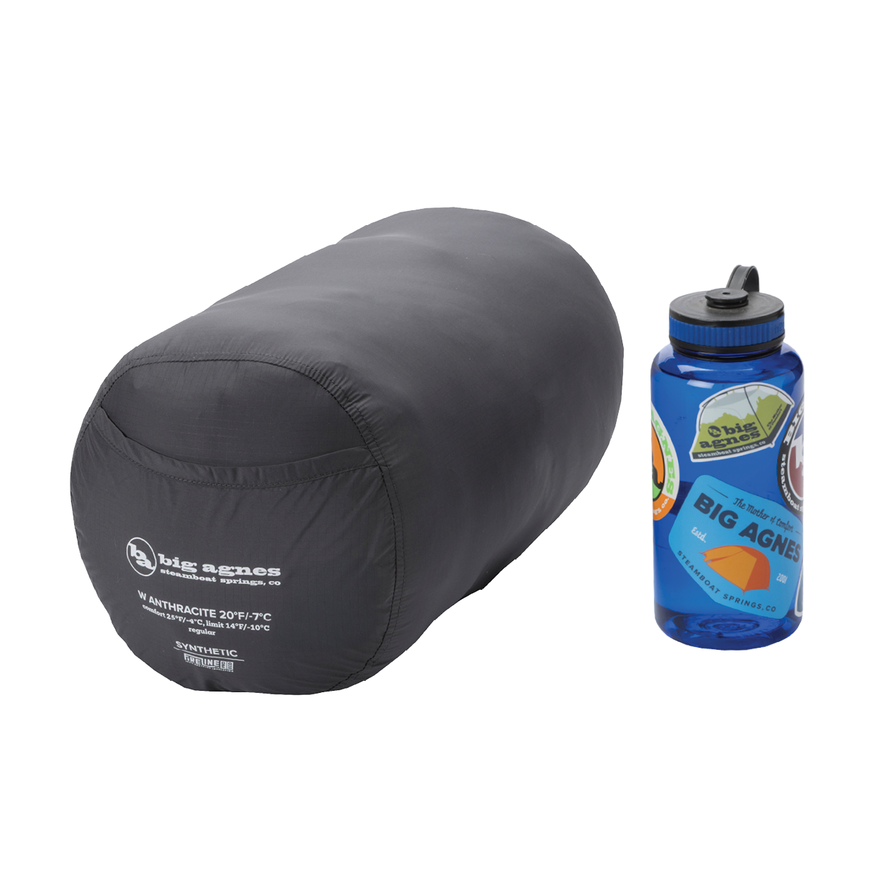Black sleeping bag and blue water bottle with Big Agnes Returns logo on a white background