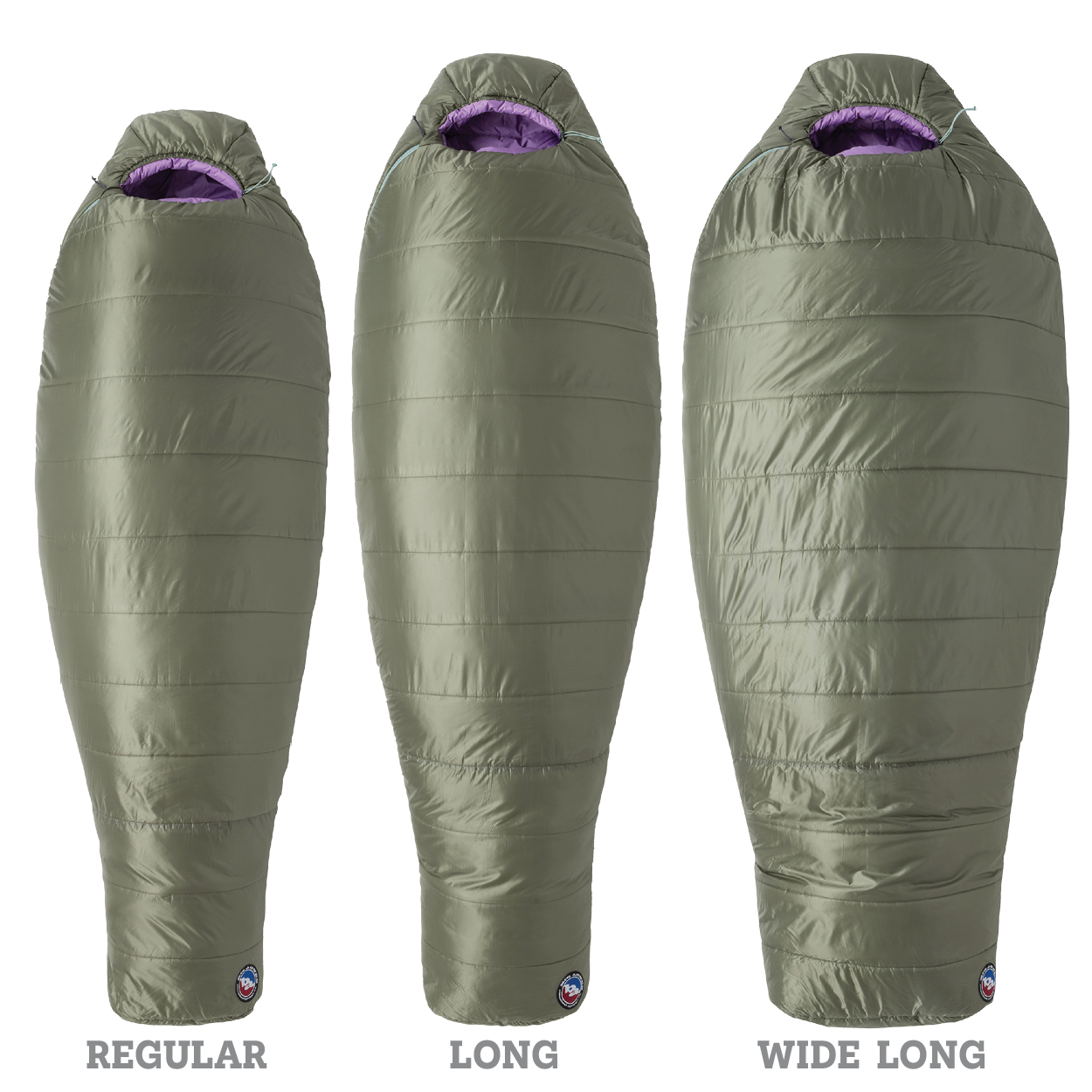 Three green sleeping bags labeled 'Regular', 'Long', and 'Wide Long' on a white background.