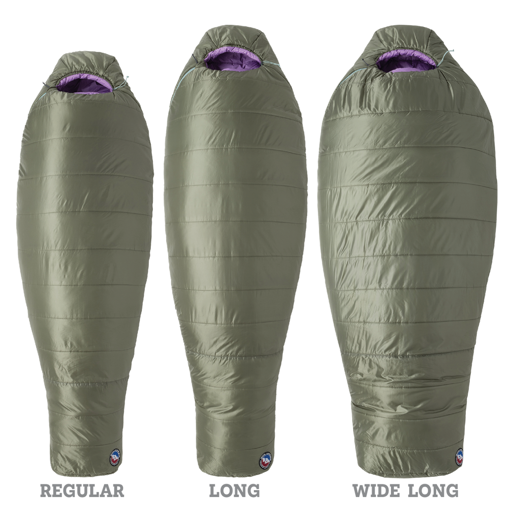 Three green sleeping bags labeled 'Regular', 'Long', and 'Wide Long' on a white background.