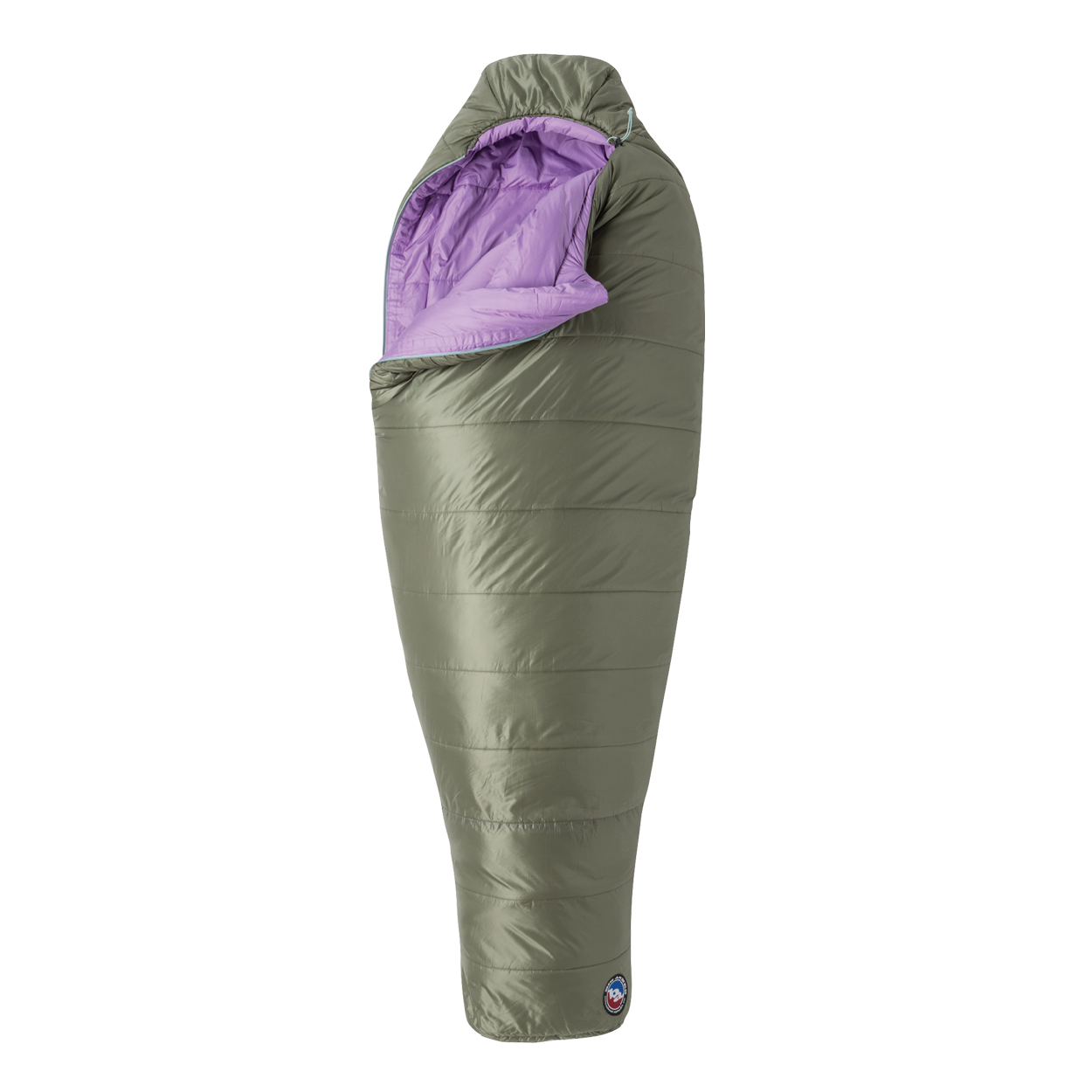 Green sleeping bag with purple interior on a white background