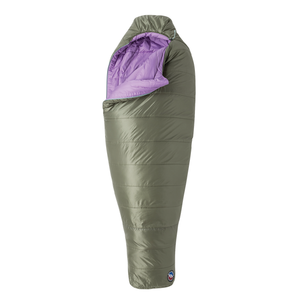 Green sleeping bag with purple interior on a white background