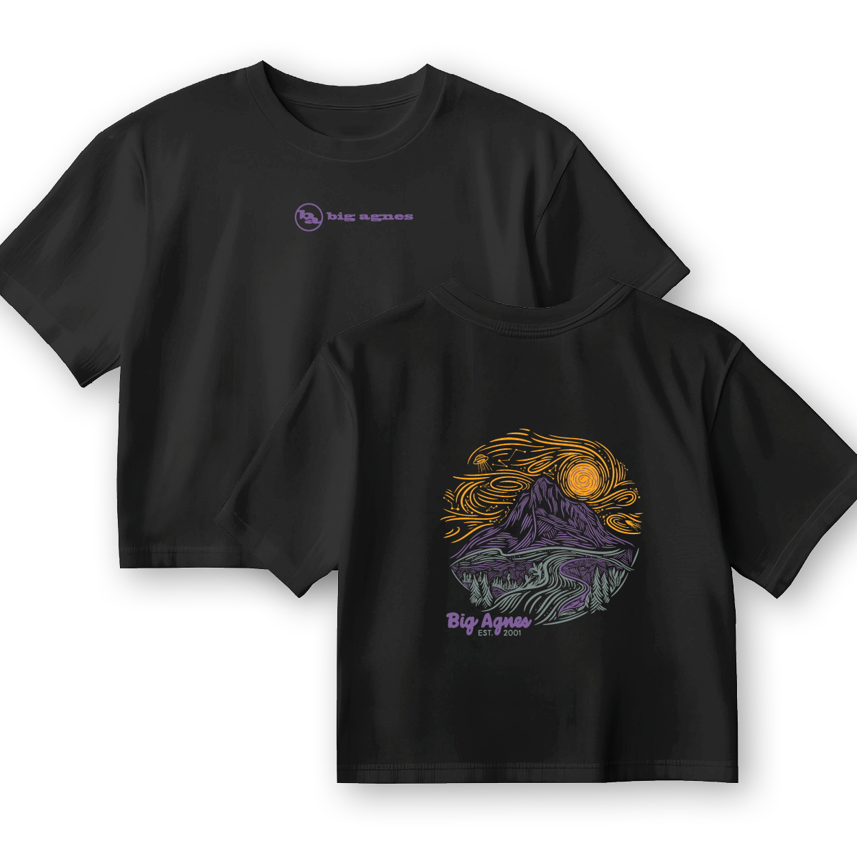 The W's Cosmic Sky T-Shirt by Big Agnes features a small front logo and a bold Cosmic Sky mountain, river, and sky graphic with “Big Agnes EST 2000” on the back. This black, limited edition tee is perfect for outdoor enthusiasts.