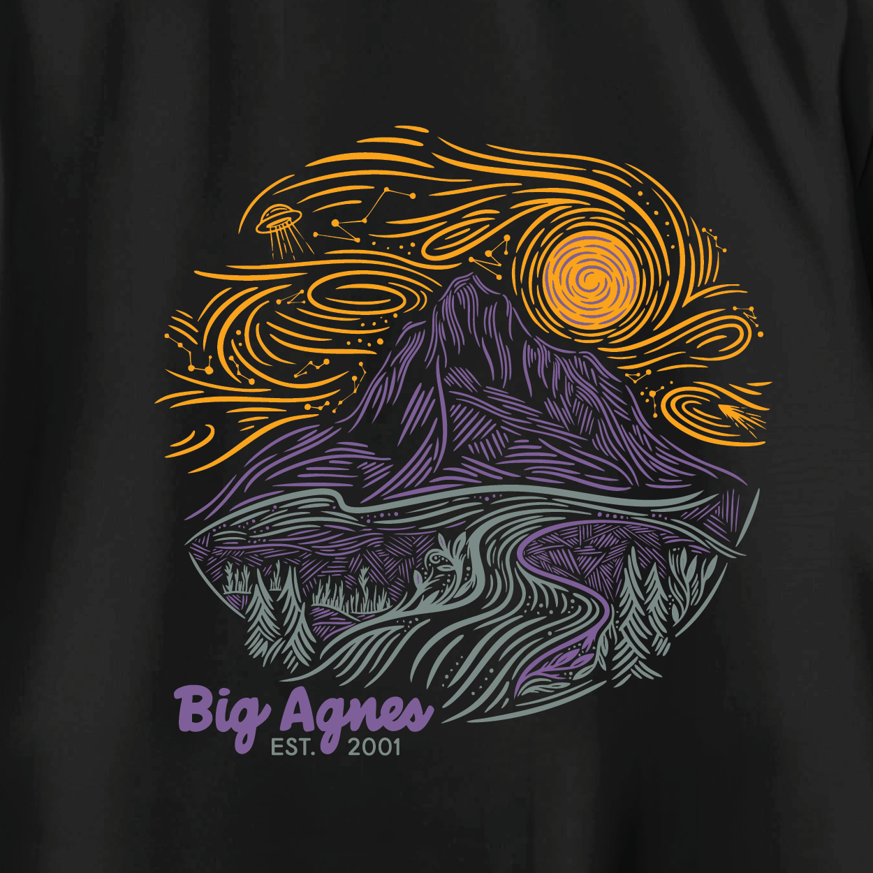 The W's Cosmic Sky T-Shirt by Big Agnes Returns features a limited edition mountain scene with a river, trees, and swirling yellow-orange sun and clouds in purple, yellow, and gray on black, with “Big Agnes Returns EST. 2001” below.