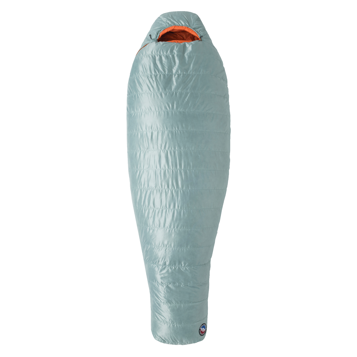 The Big Agnes Returns Women's Greystone 30° mummy sleeping bag in light blue features an orange interior, tapered footbox, and hooded top for head coverage. It is displayed upright against a plain white background.