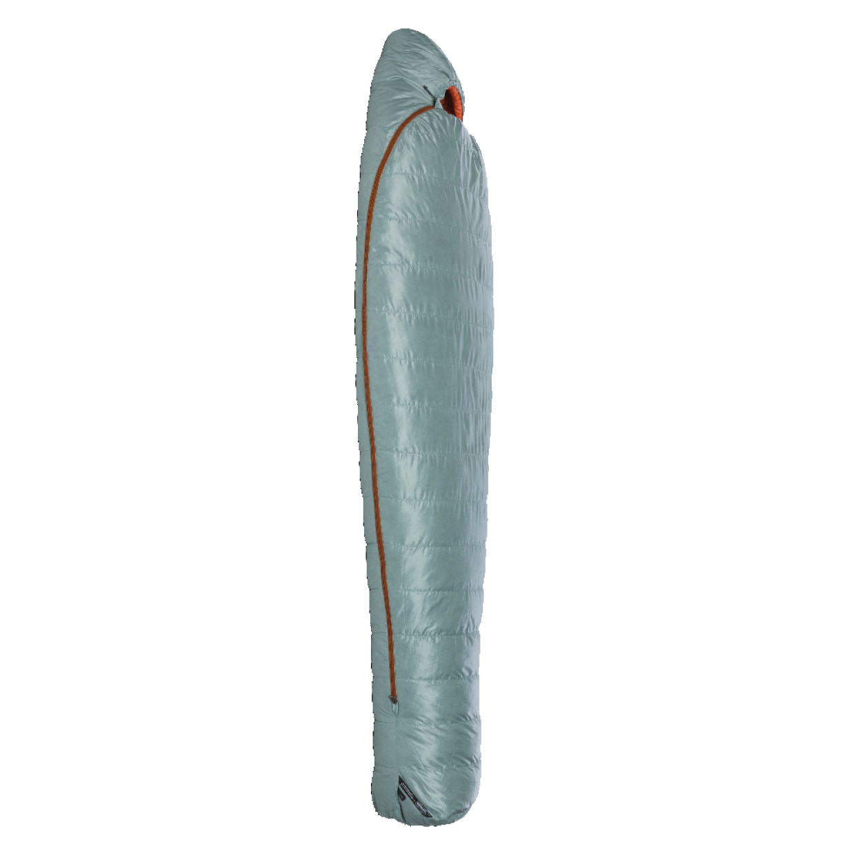 The Big Agnes Returns Women's Greystone 30° sleeping bag, in light blue with DownTek insulation and a diagonally placed orange zipper, stands upright in a mummy-style shape against a plain white background.