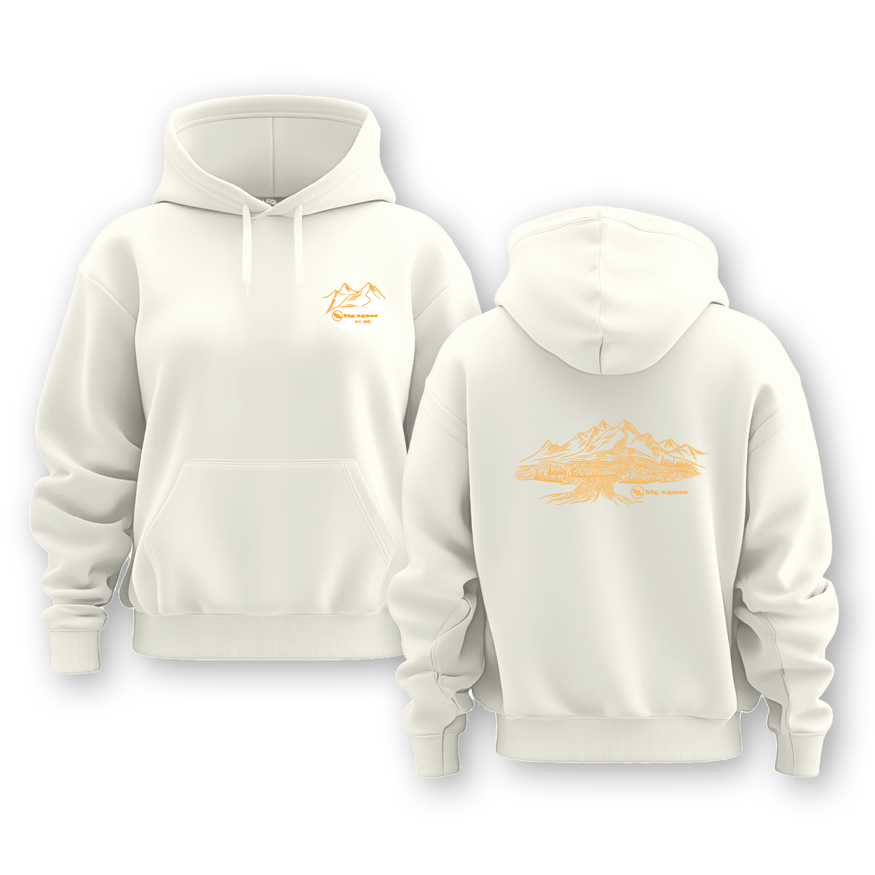 White hoodie with orange graphics on a white background