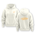 White hoodie with orange graphics on a white background