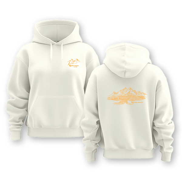 White hoodie with orange graphics on a white background