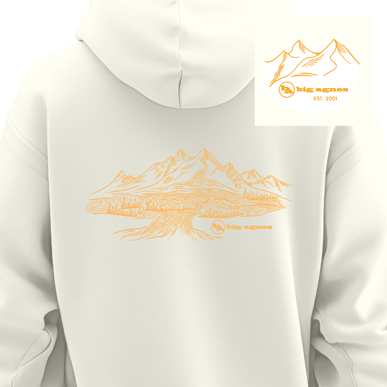 White hoodie with orange mountain graphic and 'big agnes' logo on a white background