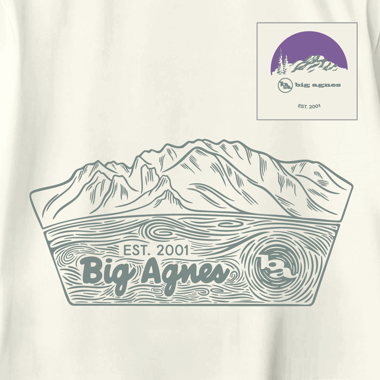 White t-shirt with mountain design and 'Big Agnes Returns' branding on a white background
