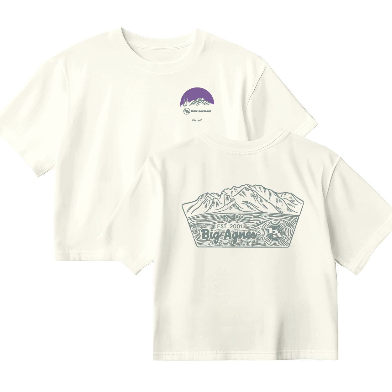 White t-shirt with mountain graphic and 'Big Agnes Returns' branding on a white background