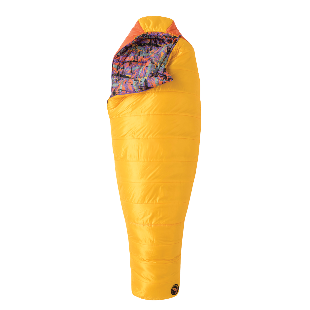 Yellow sleeping bag with colorful interior on a white background