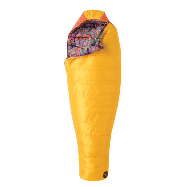 Yellow sleeping bag with colorful interior on a white background