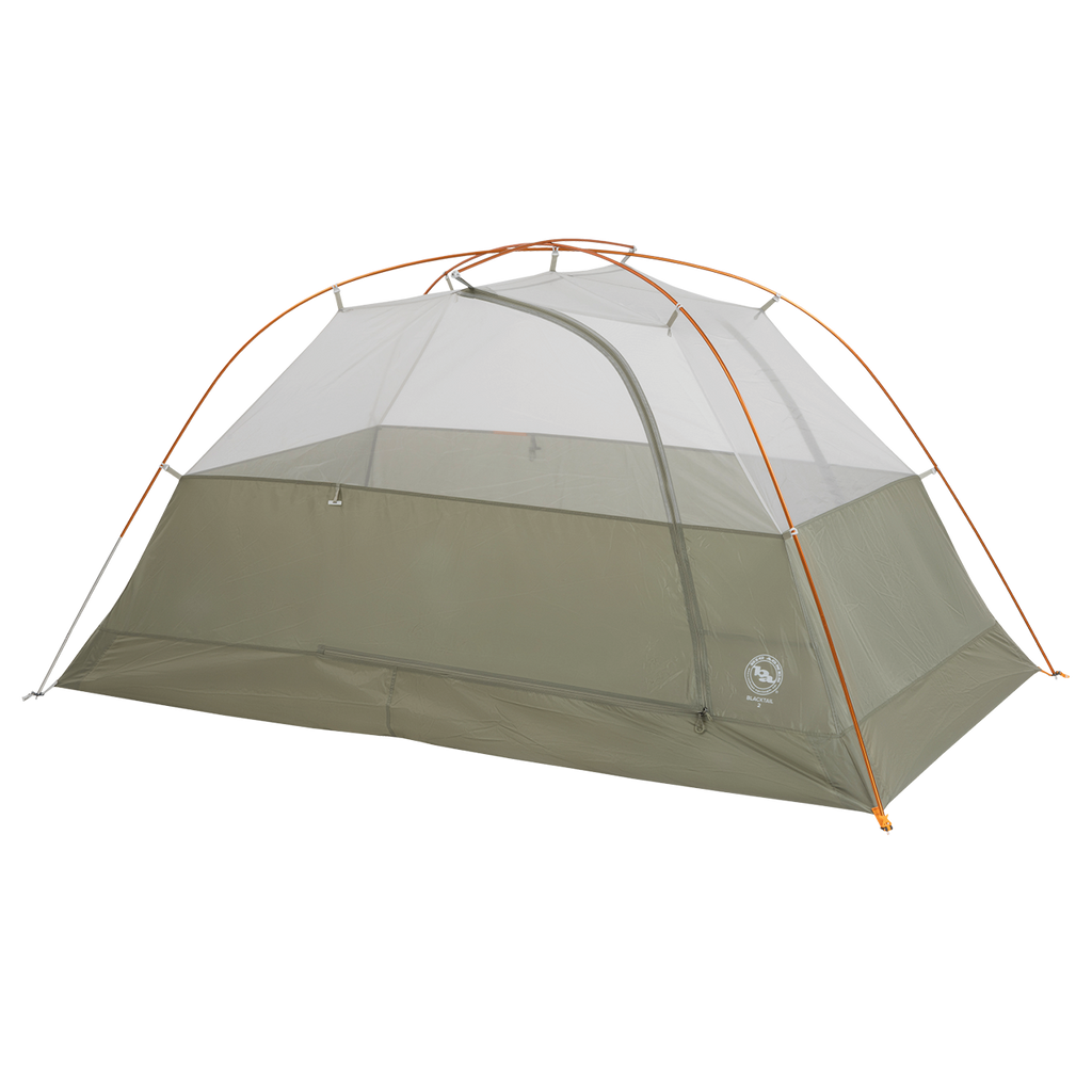 The Big Agnes Blacktail 2 - Vetiver is a lightweight olive-green backpacking tent with mesh upper walls, an orange frame, and a zippered door, shown set up on a white background and designed for easy assembly.