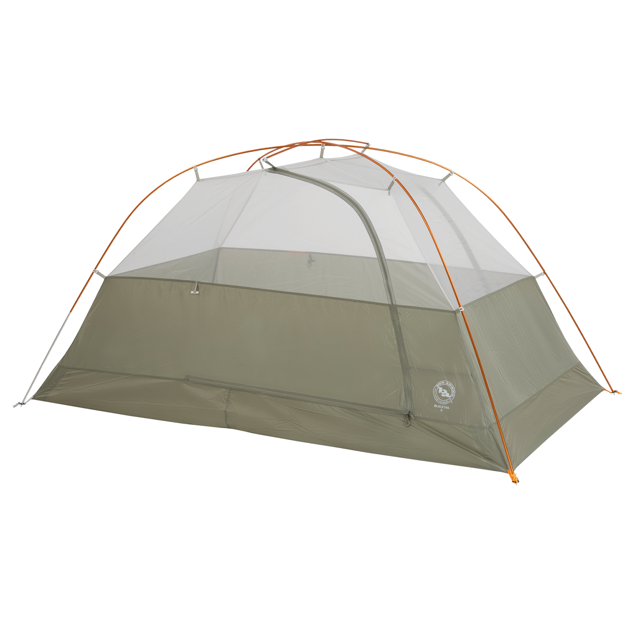 The Big Agnes Blacktail 2 - Vetiver is a lightweight olive-green backpacking tent with mesh upper walls, an orange frame, and a zippered door, shown set up on a white background and designed for easy assembly.
