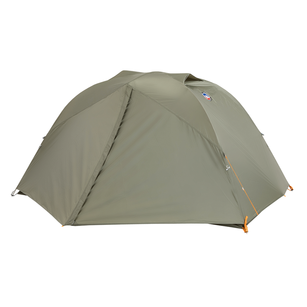 The Big Agnes Returns Blacktail 2 - Vetiver is a durable, green dome camping tent with a fabric fly cover and orange zipper pulls—a lightweight, sleek option for backpacking—shown on a plain white background.