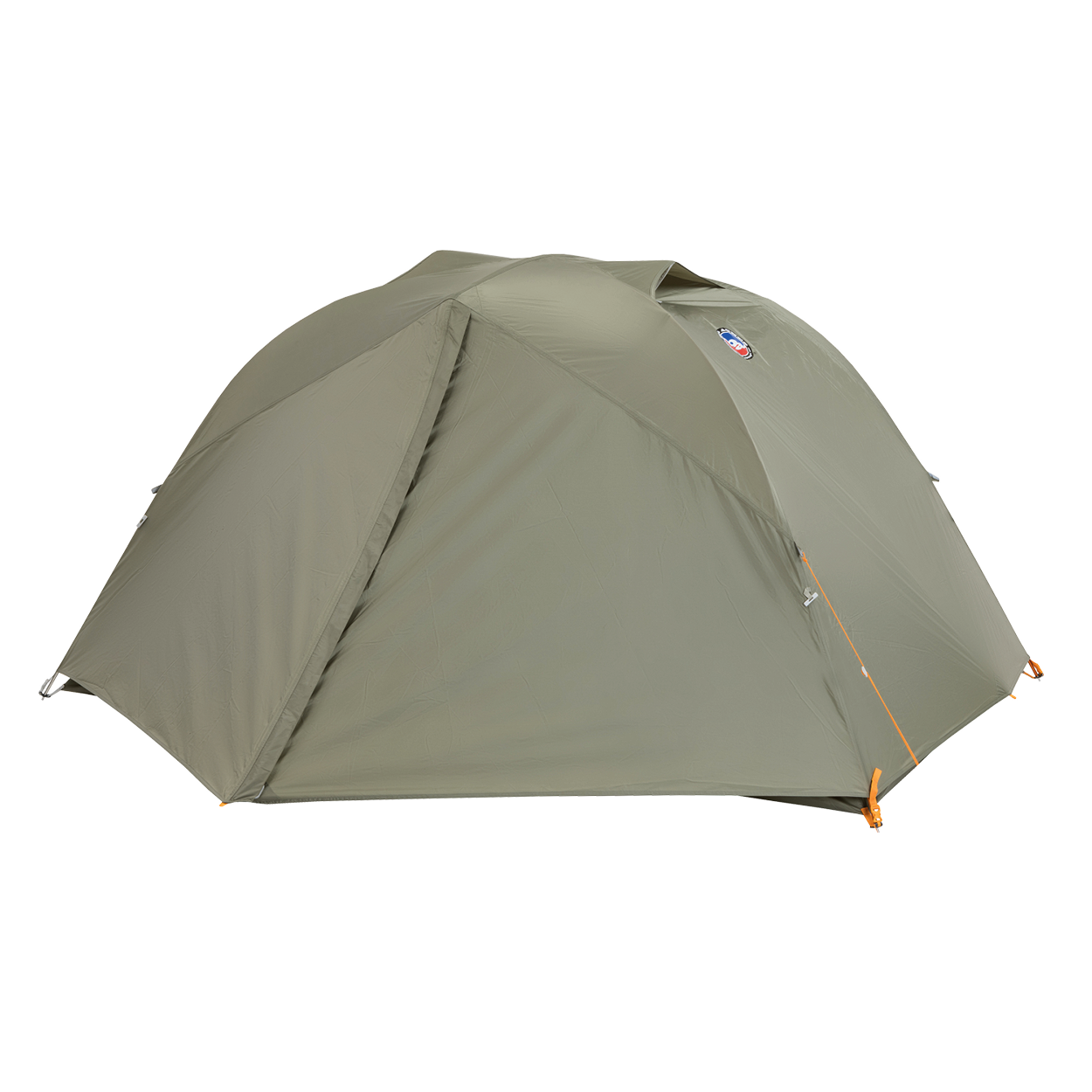 The Big Agnes Returns Blacktail 2 - Vetiver is a durable, green dome camping tent with a fabric fly cover and orange zipper pulls—a lightweight, sleek option for backpacking—shown on a plain white background.
